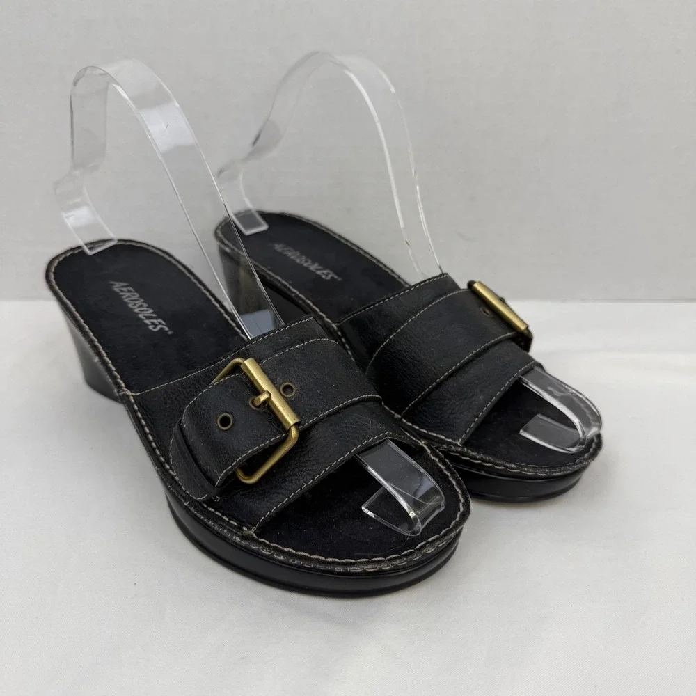 Vintage Y2K Aerosoles Black Leather Wedge Slide Sandals Buckle Detail Womens 6.5
